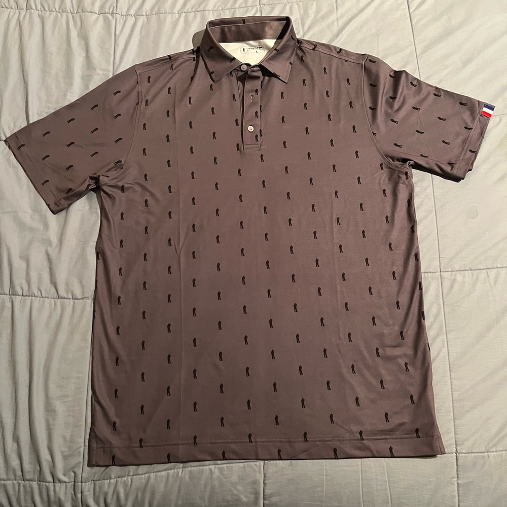 U Suck At Golf USAG Mens golf polo Grey black print, Large  “ here for the beer”